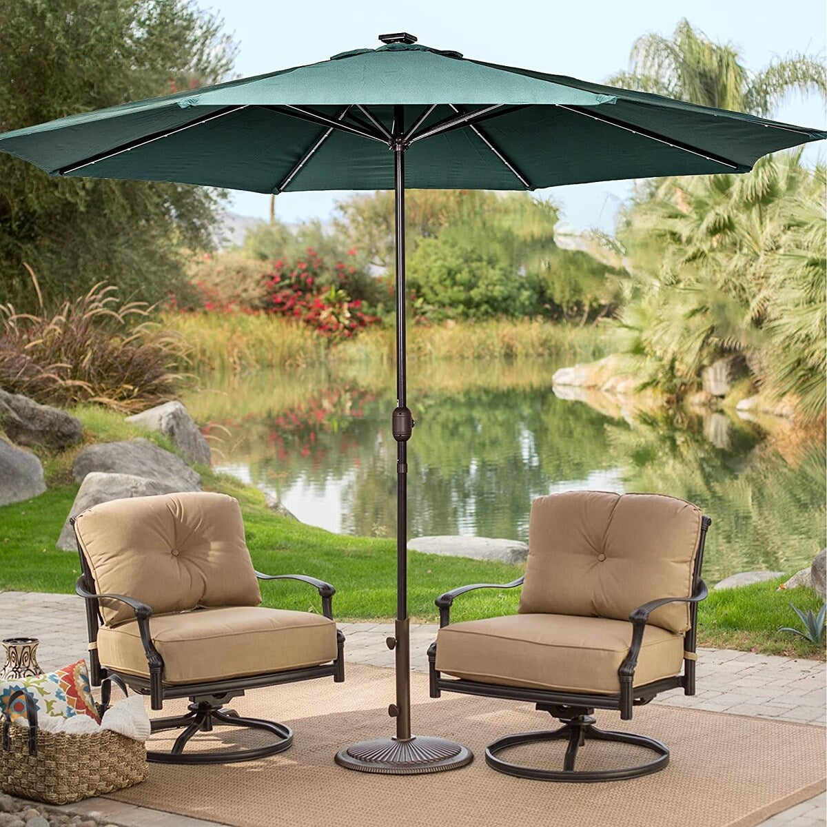 11FT 40 LED Lights Umbrella with Crank,Garden Pool Solar Powered Parasol,No Tilt