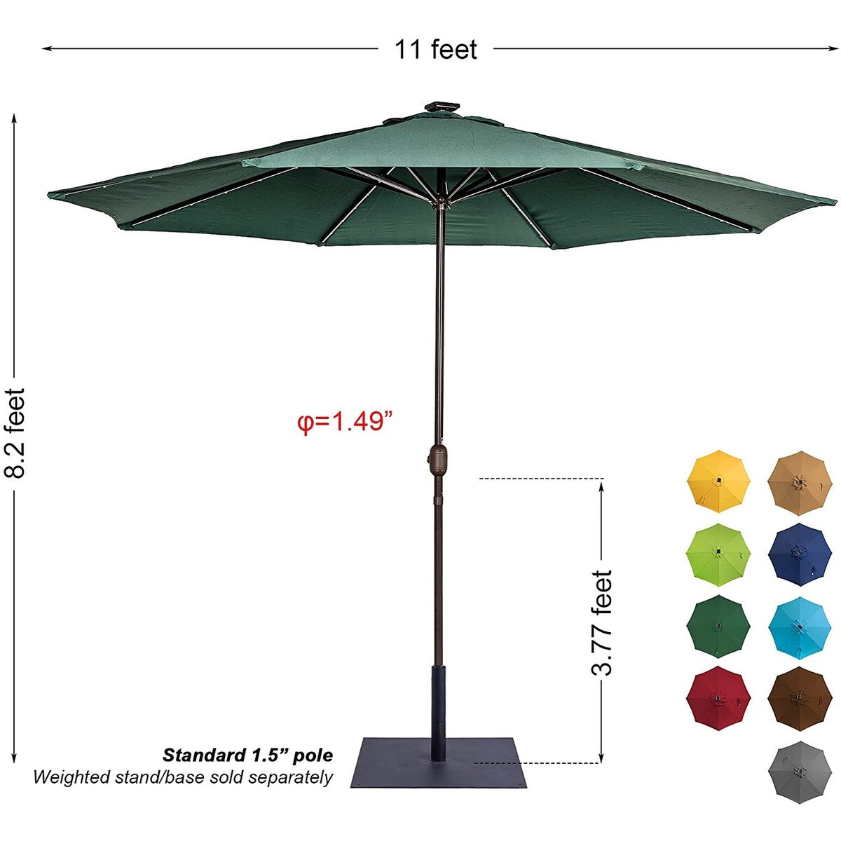 11FT 40 LED Lights Umbrella with Crank,Garden Pool Solar Powered Parasol,No Tilt