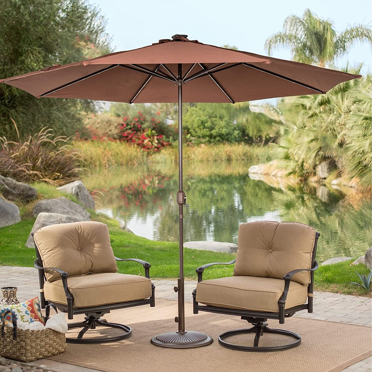 11FT 40 LED Lights Umbrella with Crank,Garden Pool Solar Powered Parasol,No Tilt