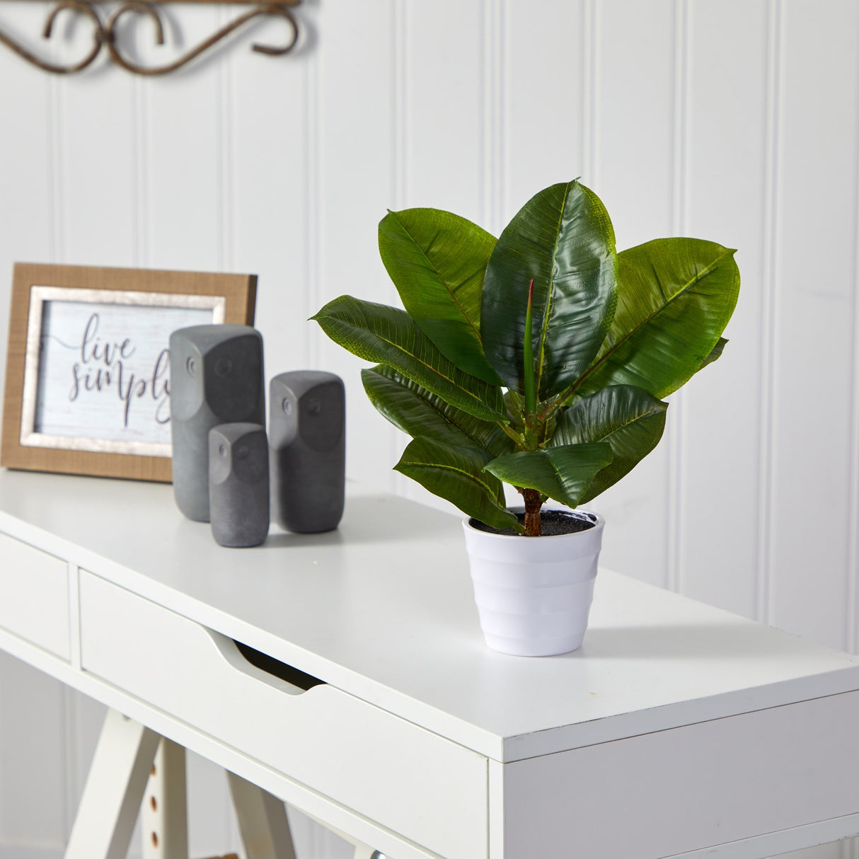 11" Rubber Leaf Artificial Plant in White Planter (Real Touch) - 3.25"