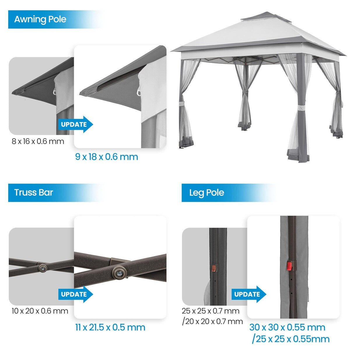 11x11 Pop Up Gazebo Canopy Shelter, Instant Patio Gazebo Sun Shade Canopy Tent with 4 Sandbags, 2 Tiers Roof Mesh Netting