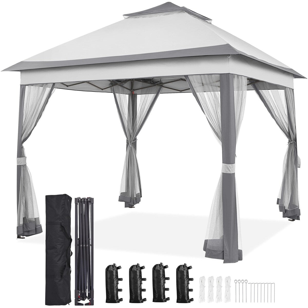 11x11 Pop Up Gazebo Canopy Shelter, Instant Patio Gazebo Sun Shade Canopy Tent with 4 Sandbags, 2 Tiers Roof Mesh Netting