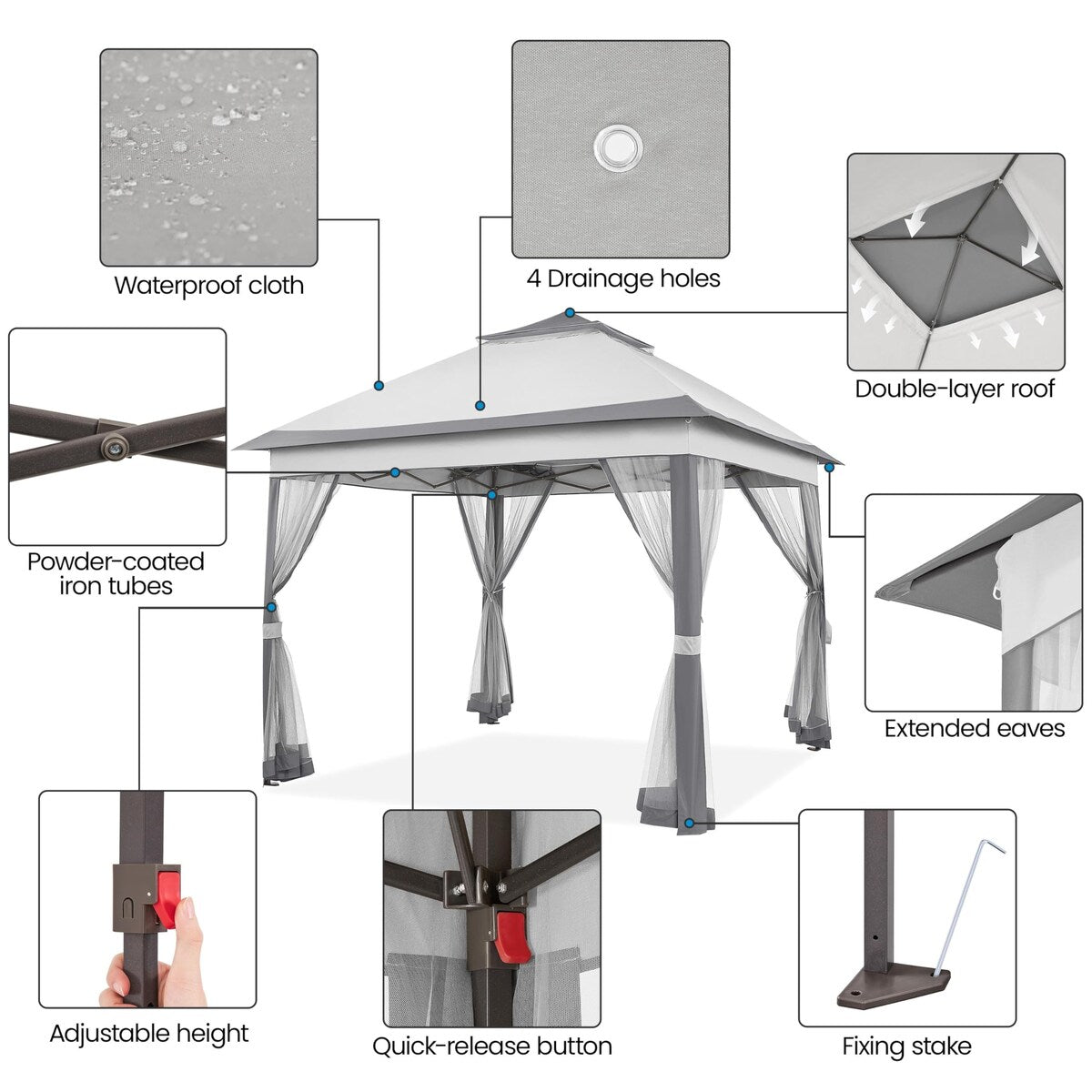 11x11 Pop Up Gazebo Canopy Shelter, Instant Patio Gazebo Sun Shade Canopy Tent with 4 Sandbags, 2 Tiers Roof Mesh Netting