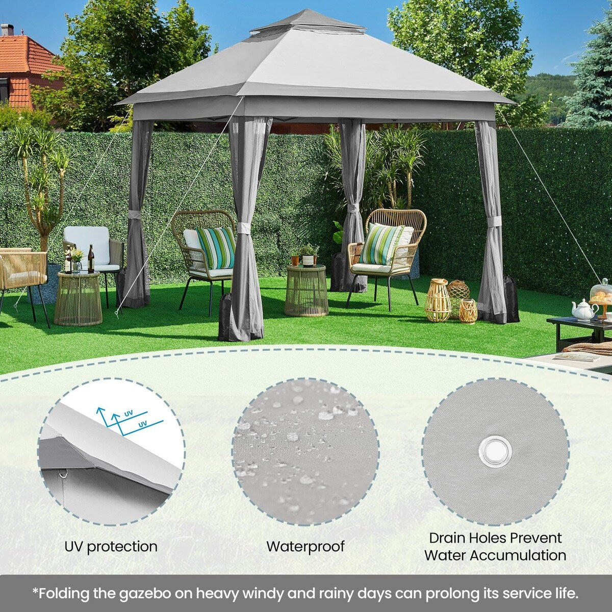 11x11 Pop Up Gazebo Canopy Shelter, Instant Patio Gazebo Sun Shade Canopy Tent with 4 Sandbags, 2 Tiers Roof Mesh Netting