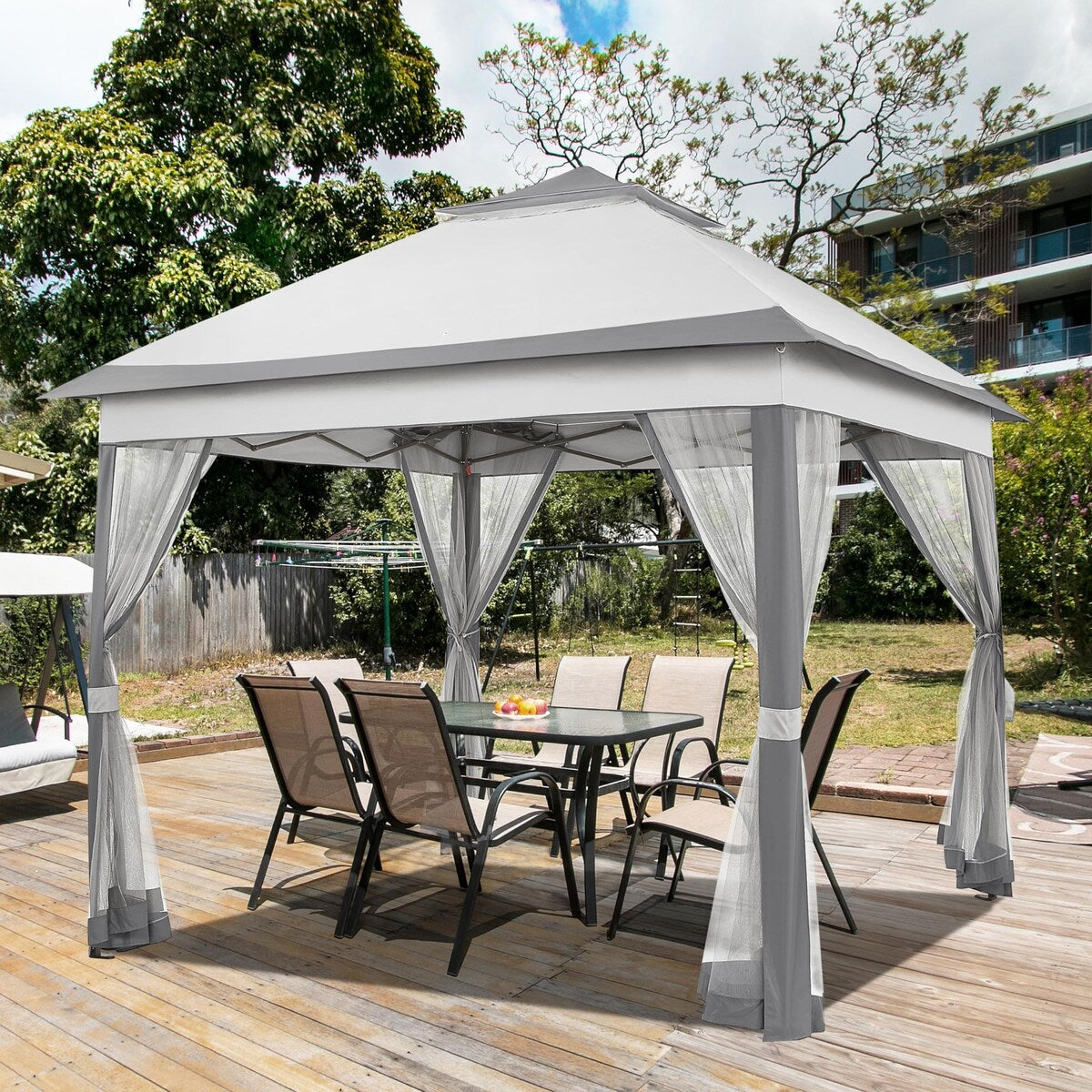 11x11 Pop Up Gazebo Canopy Shelter, Instant Patio Gazebo Sun Shade Canopy Tent with 4 Sandbags, 2 Tiers Roof Mesh Netting