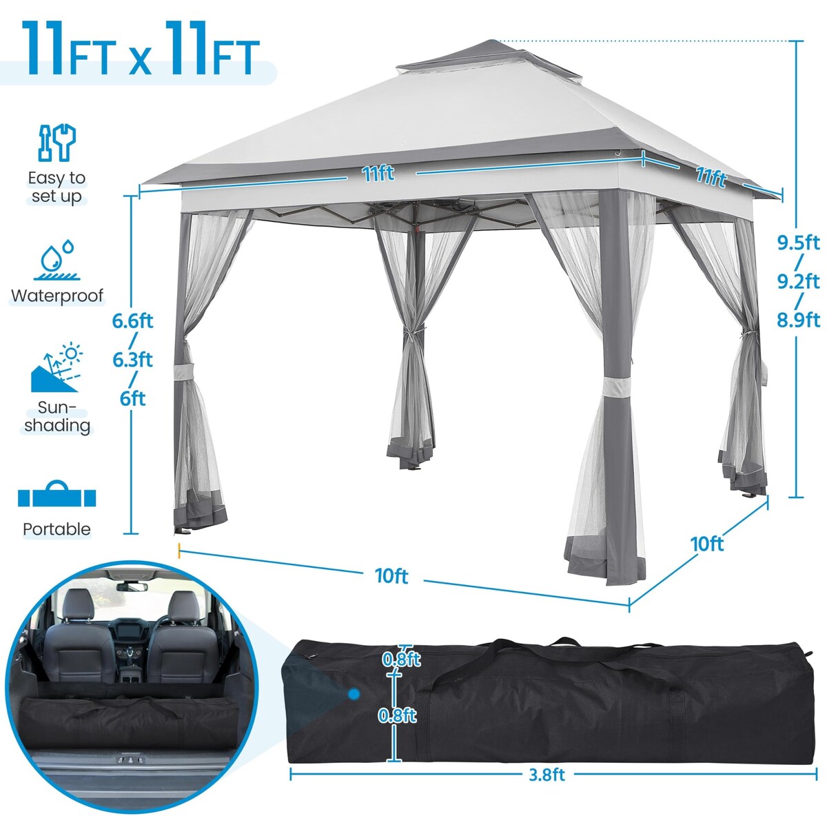 11x11 Pop Up Gazebo Canopy Shelter, Instant Patio Gazebo Sun Shade Canopy Tent with 4 Sandbags, 2 Tiers Roof Mesh Netting
