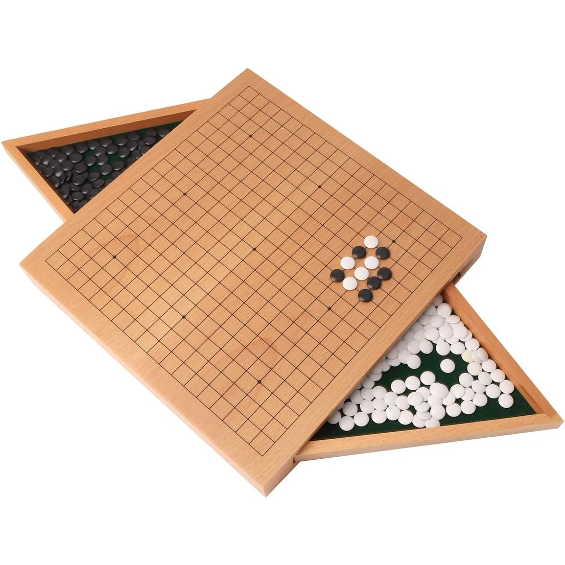 GSE™ 12-Inches Wooden Go Board Game Set with Drawers, Wood Go Game Board Set with Plastic Stones