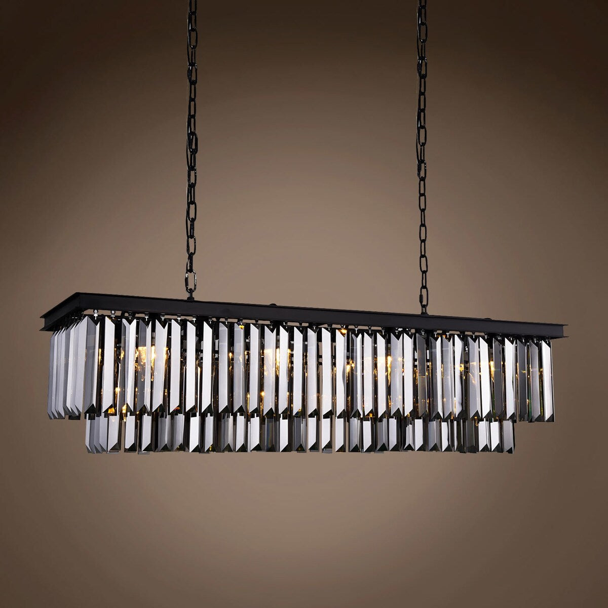 12 Light 50" Smoke Glass Fringe Grey Iron Chandelier & Led - 18.00