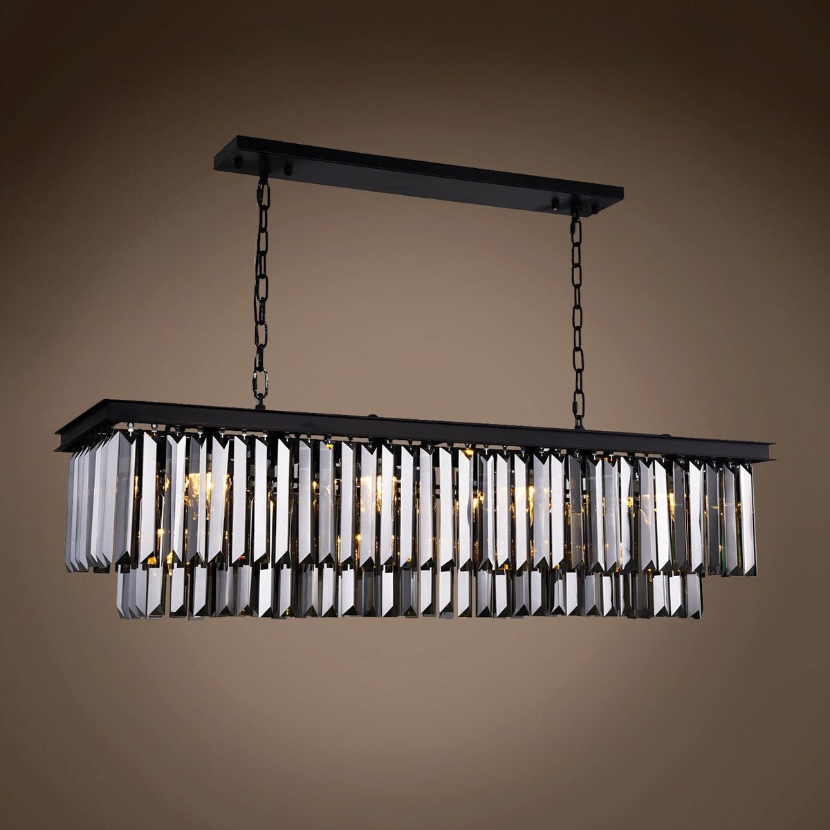 12 Light 50" Smoke Glass Fringe Grey Iron Chandelier & Led - 18.00