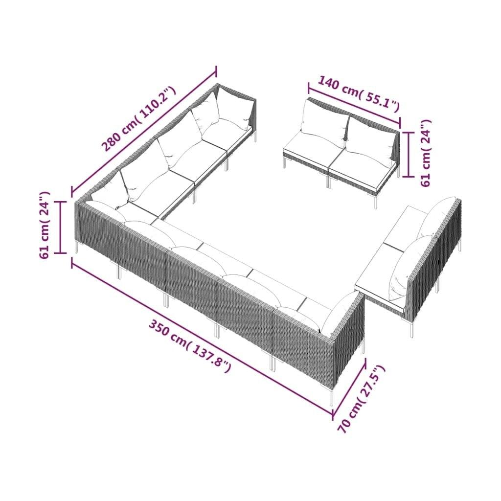 12 Piece Patio Lounge Set with Cushions Poly Rattan Dark Gray