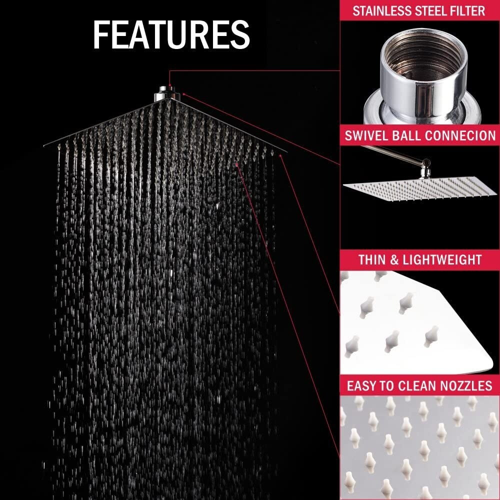 12-in Polish Brushed Nickel Solid Square Ultrathin Rainfall Shower Head with Silicone Nozzle
