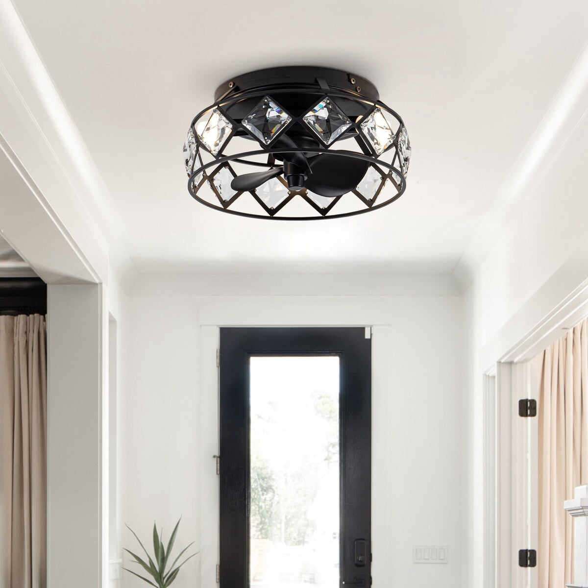12.2" Black Small Caged Crystal Ceiling Fan Ceiling Light with Remote