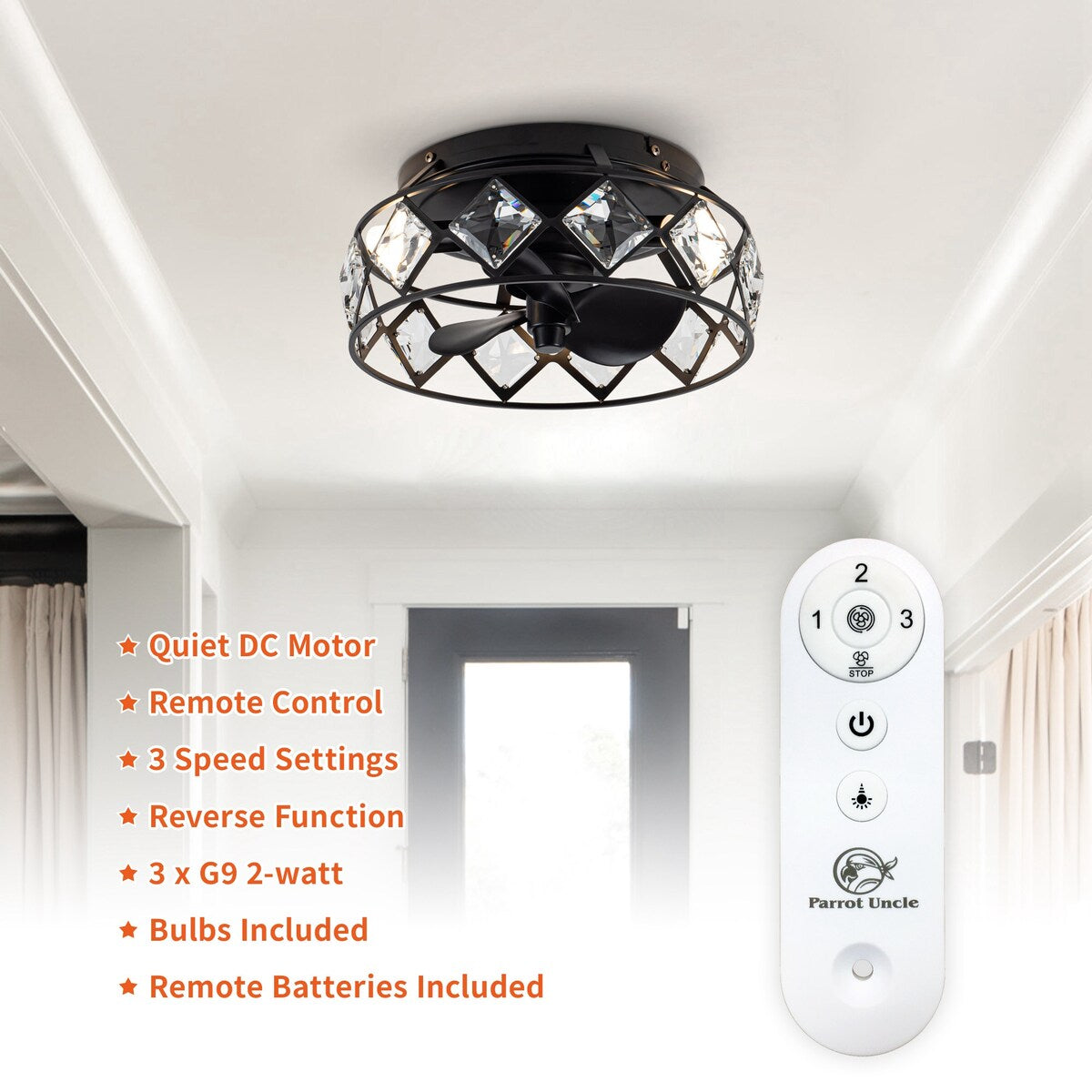 12.2" Black Small Caged Crystal Ceiling Fan Ceiling Light with Remote