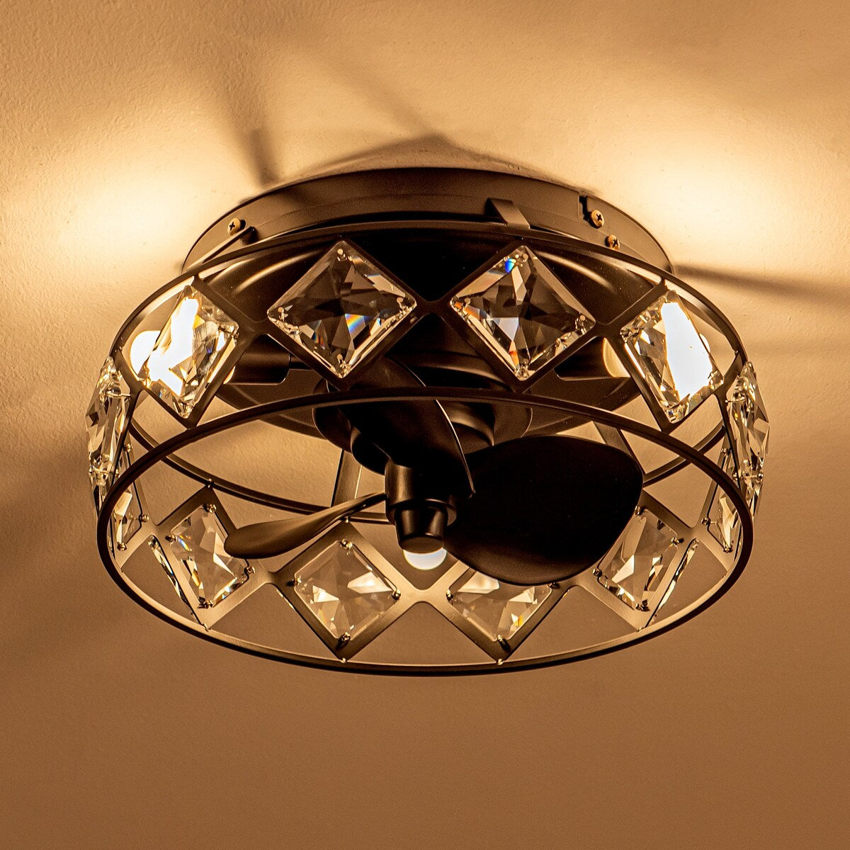 12.2" Black Small Caged Crystal Ceiling Fan Ceiling Light with Remote