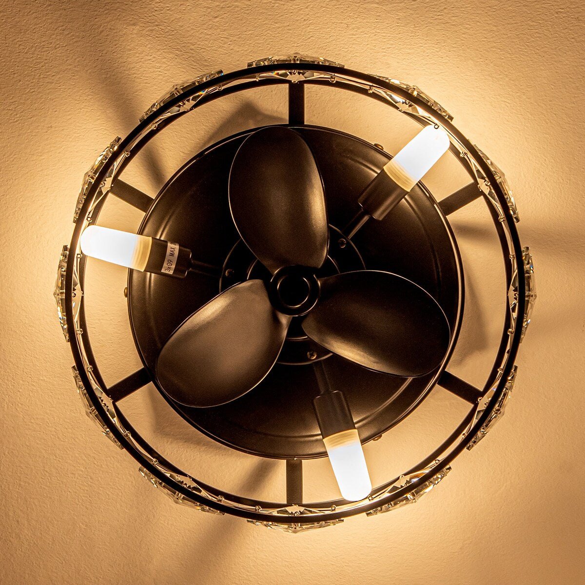 12.2" Black Small Caged Crystal Ceiling Fan Ceiling Light with Remote