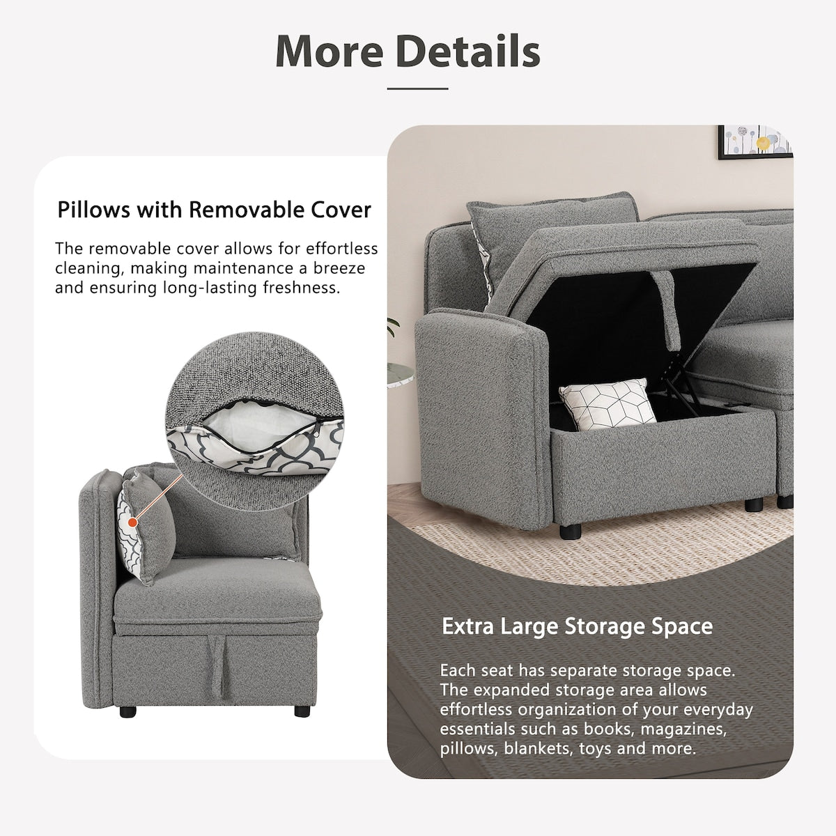 122.8" Minimalist Convertible Modular Sofa,Free Combination 4 Seater Sofa With 5 Pillows,Built-in Storage Space