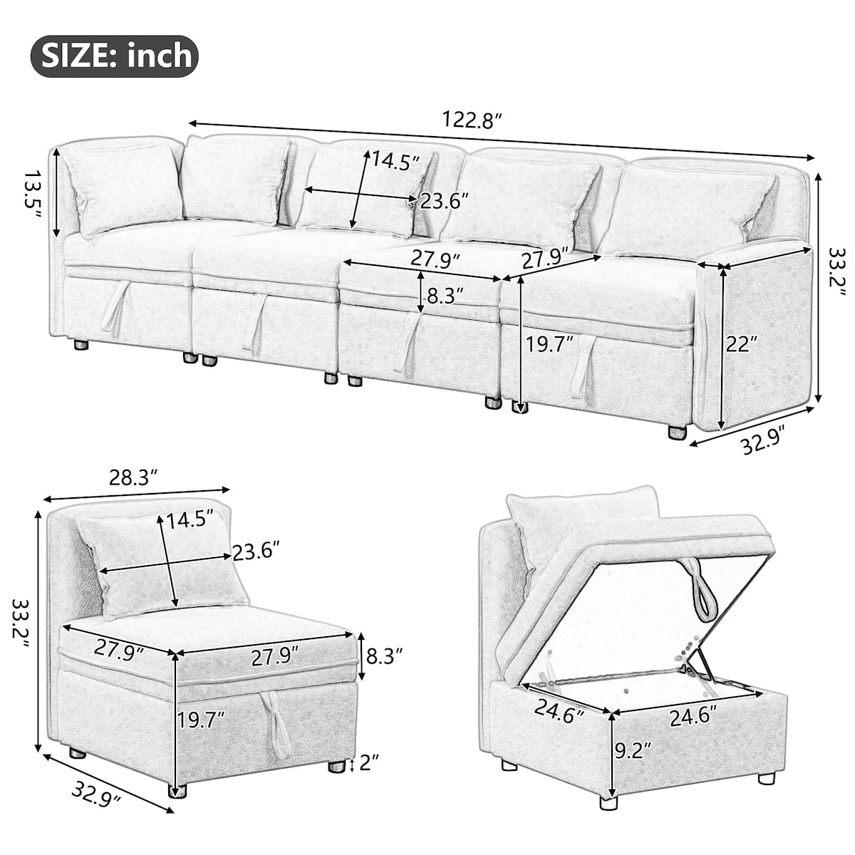 122.8" Minimalist Convertible Modular Sofa,Free Combination 4 Seater Sofa With 5 Pillows,Built-in Storage Space