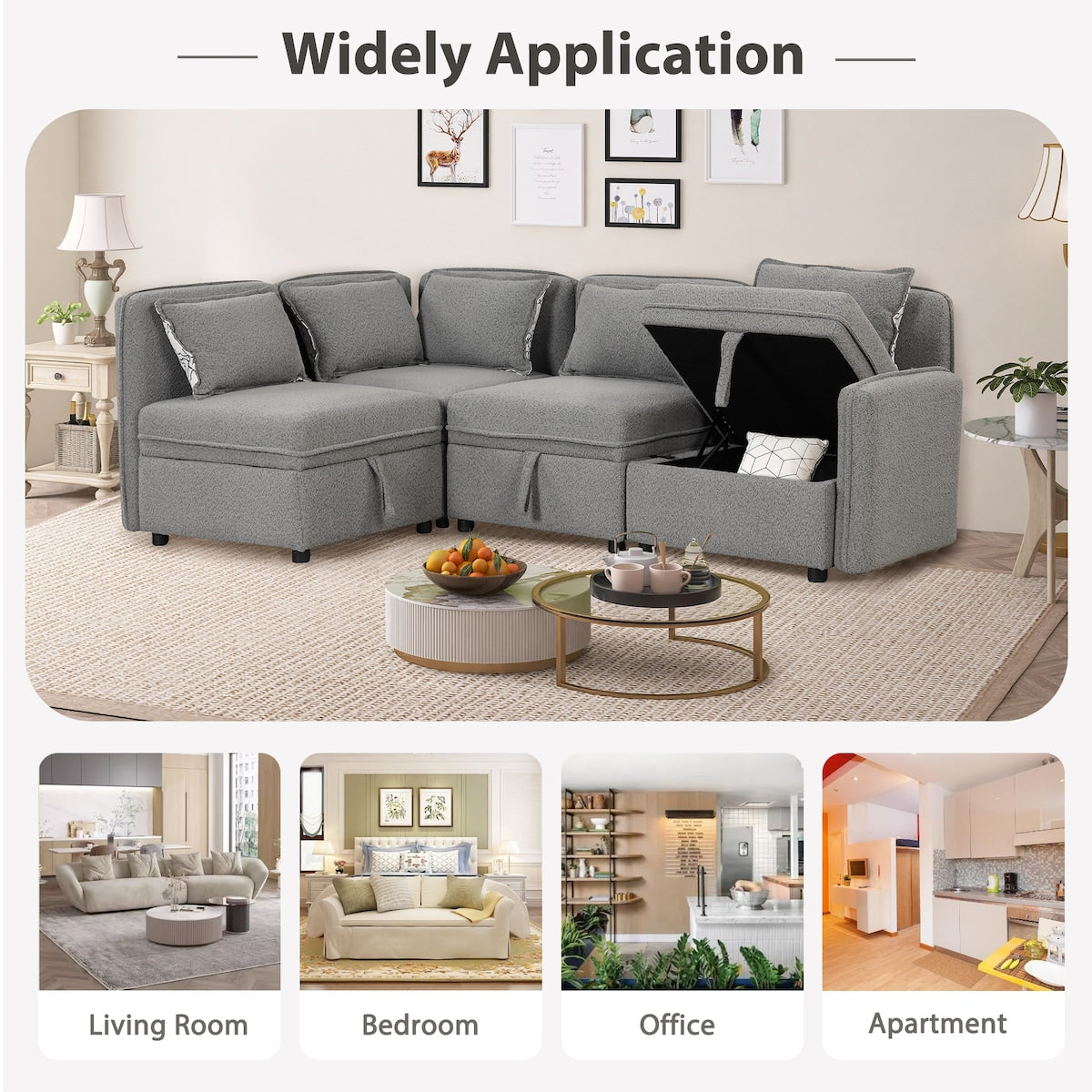 122.8" Minimalist Convertible Modular Sofa,Free Combination 4 Seater Sofa With 5 Pillows,Built-in Storage Space