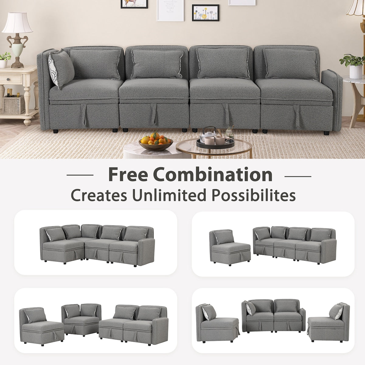 122.8" Minimalist Convertible Modular Sofa,Free Combination 4 Seater Sofa With 5 Pillows,Built-in Storage Space