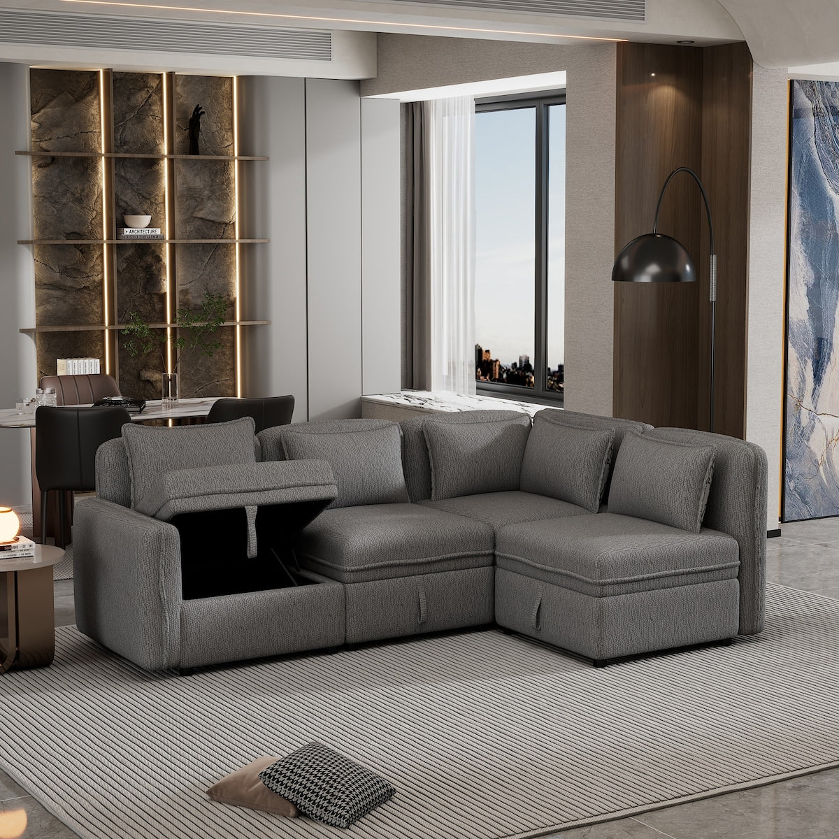 122.8" Minimalist Convertible Modular Sofa,Free Combination 4 Seater Sofa With 5 Pillows,Built-in Storage Space
