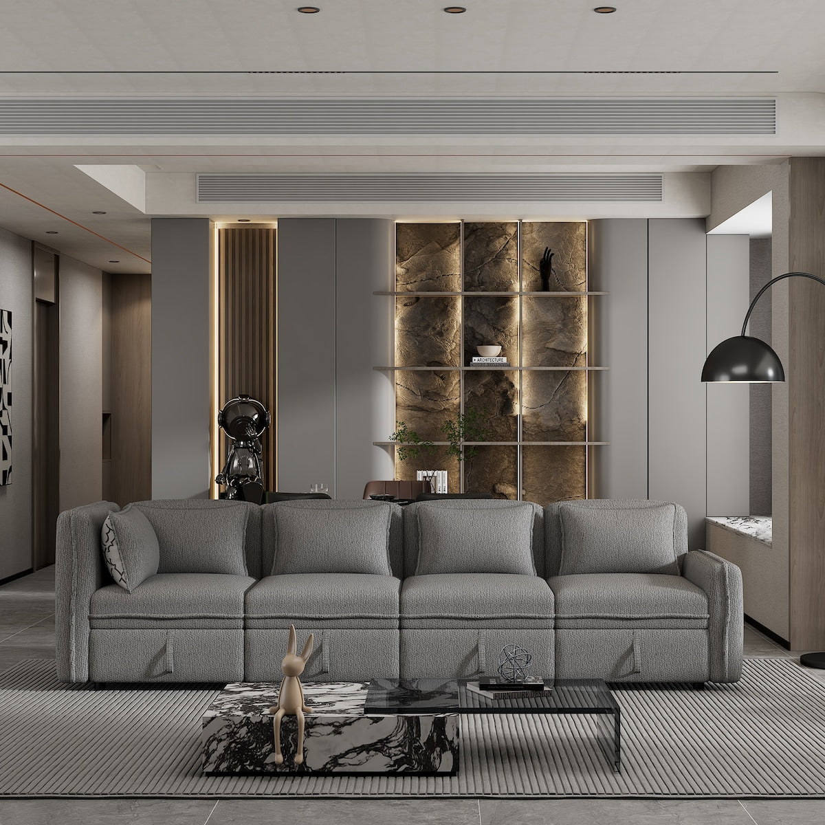 122.8" Minimalist Convertible Modular Sofa,Free Combination 4 Seater Sofa With 5 Pillows,Built-in Storage Space
