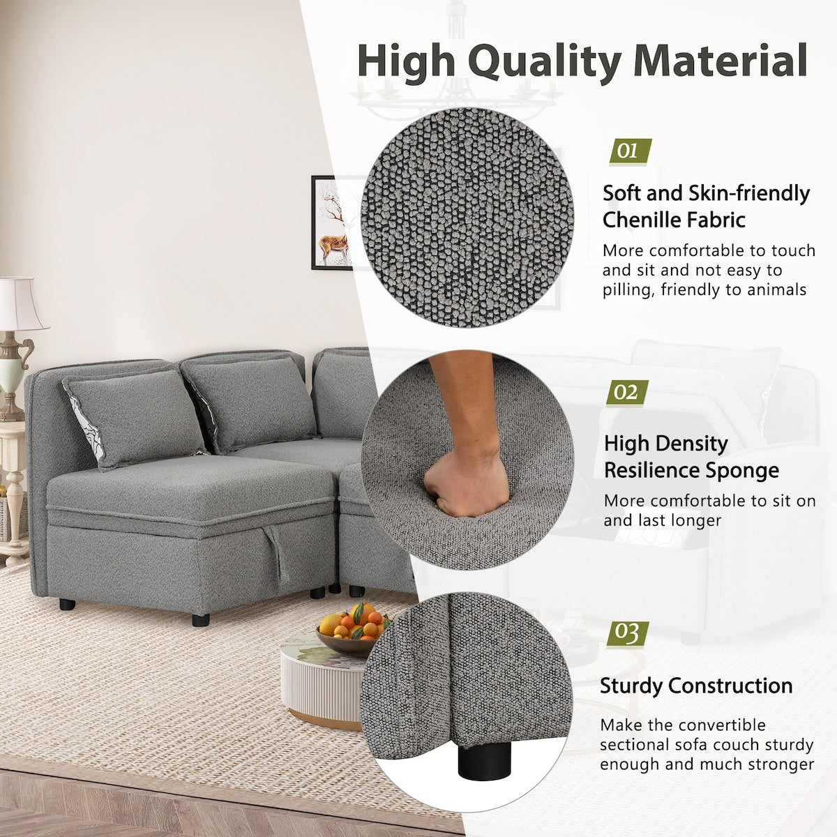 122.8" Minimalist Convertible Modular Sofa,Free Combination 4 Seater Sofa With 5 Pillows,Built-in Storage Space
