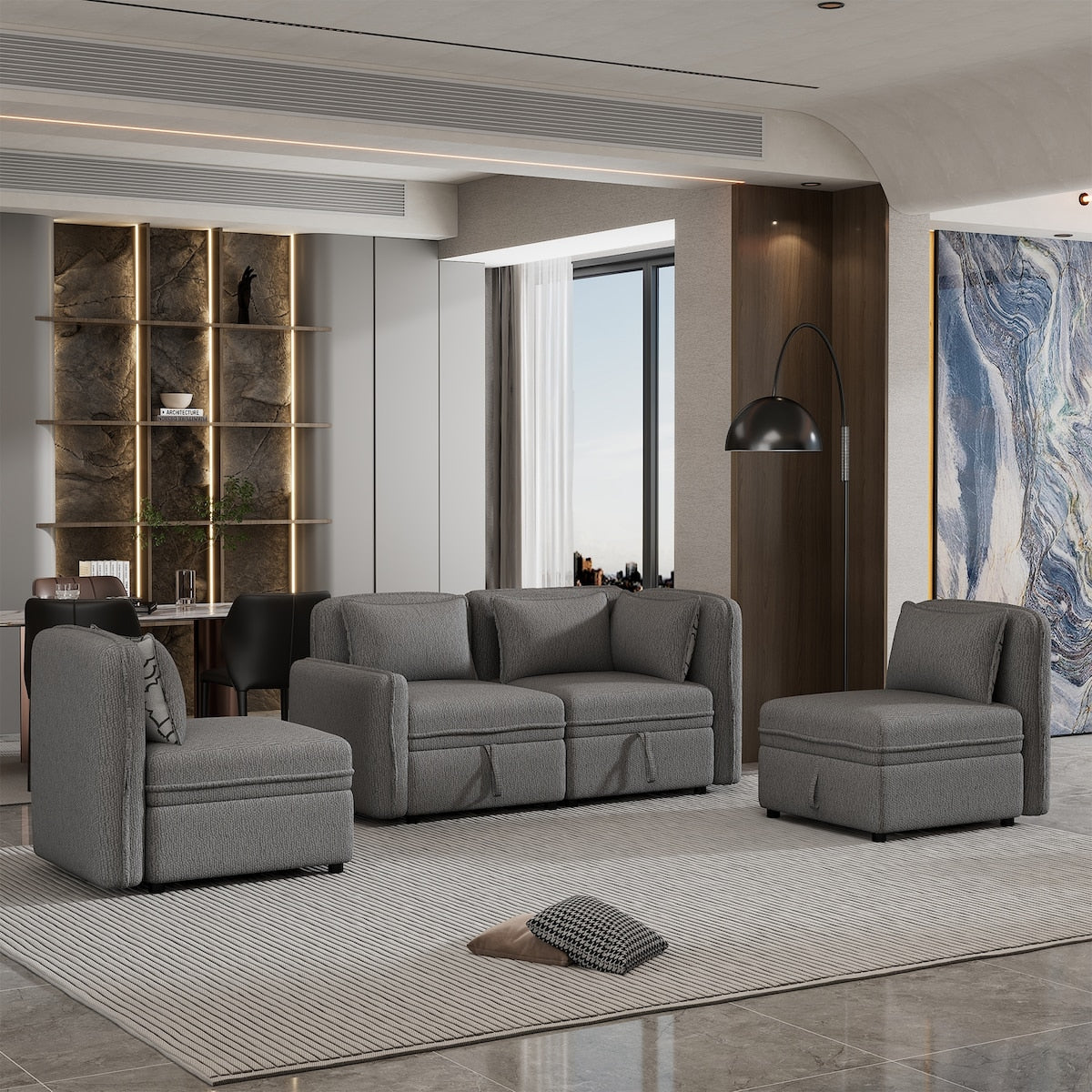 122.8" Minimalist Convertible Modular Sofa,Free Combination 4 Seater Sofa With 5 Pillows,Built-in Storage Space
