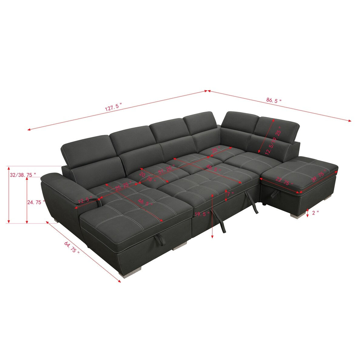 128"Sofa U Shaped Sectional Couch with Ottoman