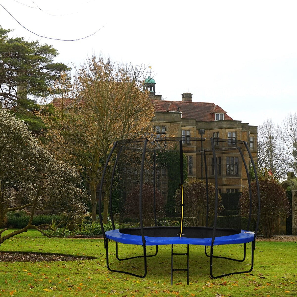 12FT Blue Finish Outdoor Trampoline With Safety Net and Ladder