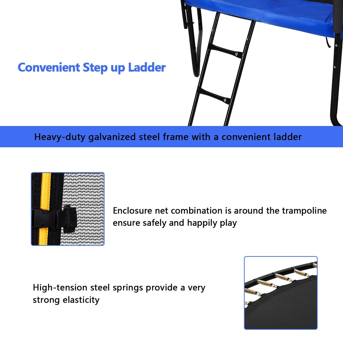 12FT Blue Finish Outdoor Trampoline With Safety Net and Ladder