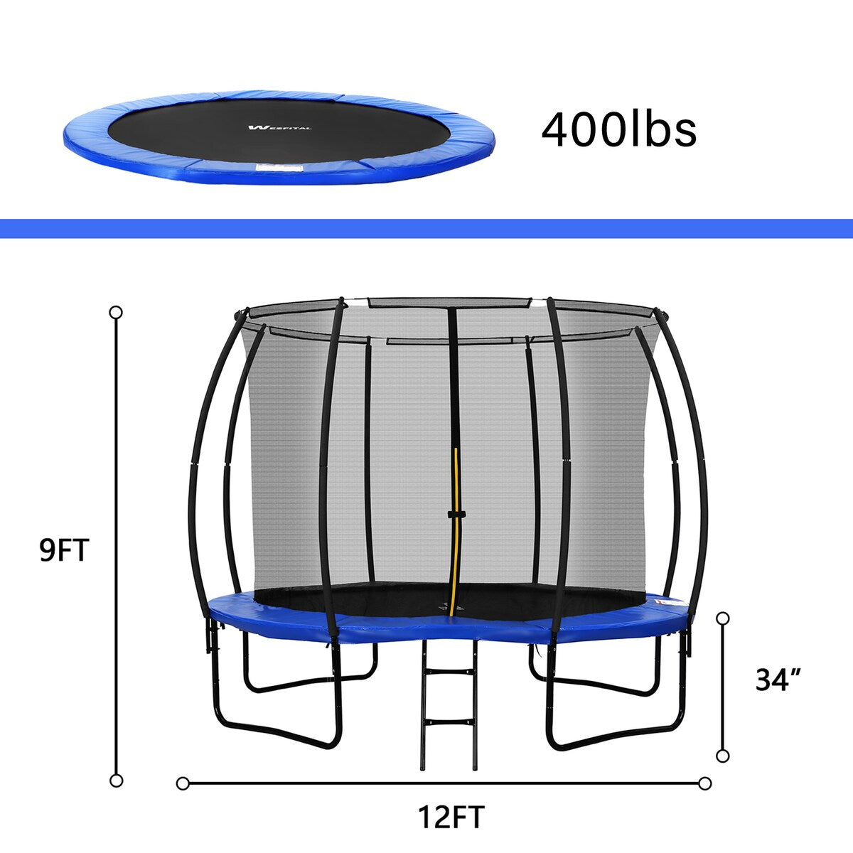 12FT Blue Finish Outdoor Trampoline With Safety Net and Ladder