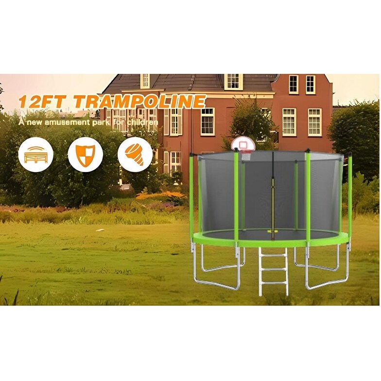 12FT Trampoline Green for Kids & Adults ,Recreational Trampolines with Safety Enclosure for Back Yard Outdoor