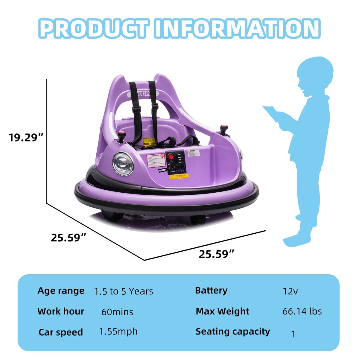 12V ride on bumper electric car for 1.5-5 Years Old kids W/Remote Control and LED Lights