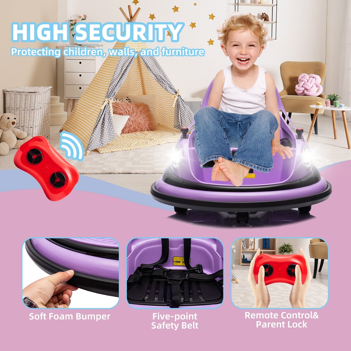 12V ride on bumper electric car for 1.5-5 Years Old kids W/Remote Control and LED Lights