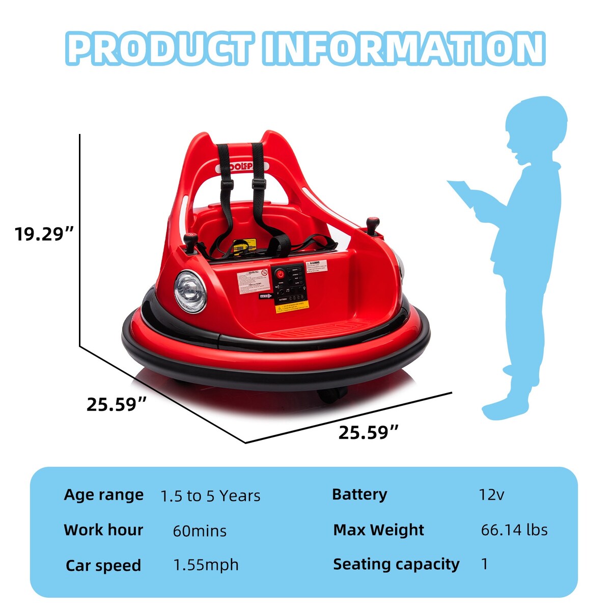 12V ride on bumper electric car for 1.5-5 Years Old kids W/Remote Control and LED Lights