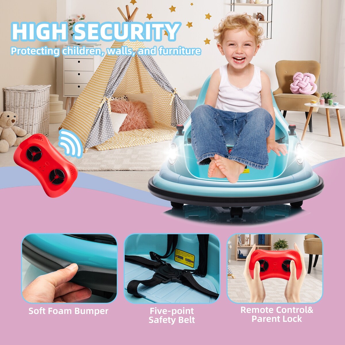 12V ride on bumper electric car for 1.5-5 Years Old kids W/Remote Control and LED Lights