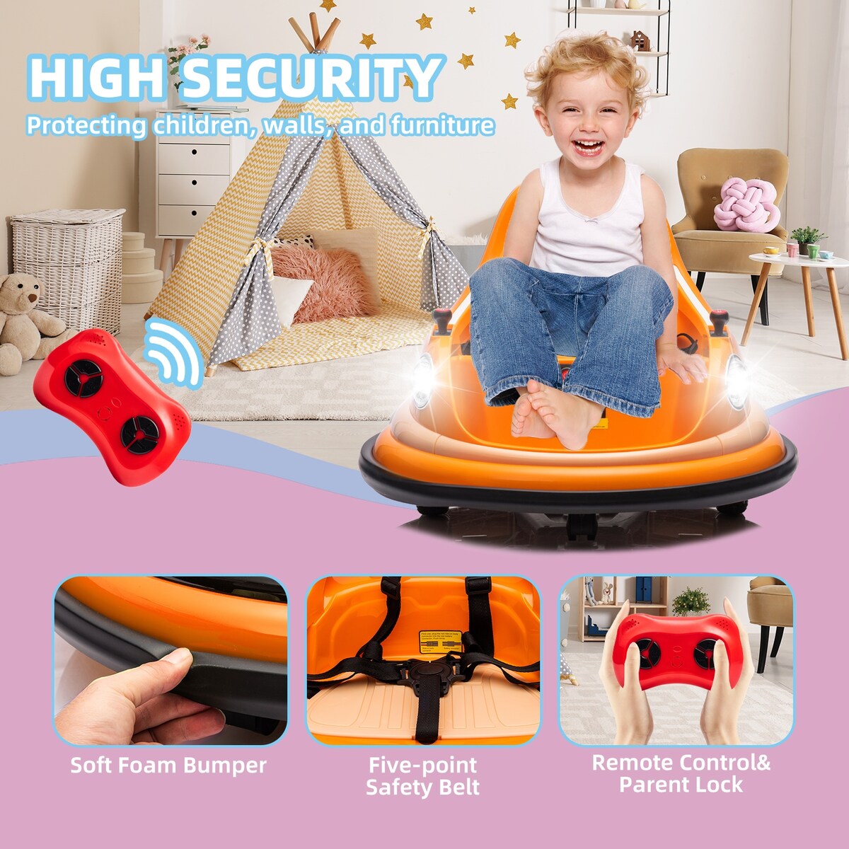 12V ride on bumper electric car for 1.5-5 Years Old kids W/Remote Control and LED Lights