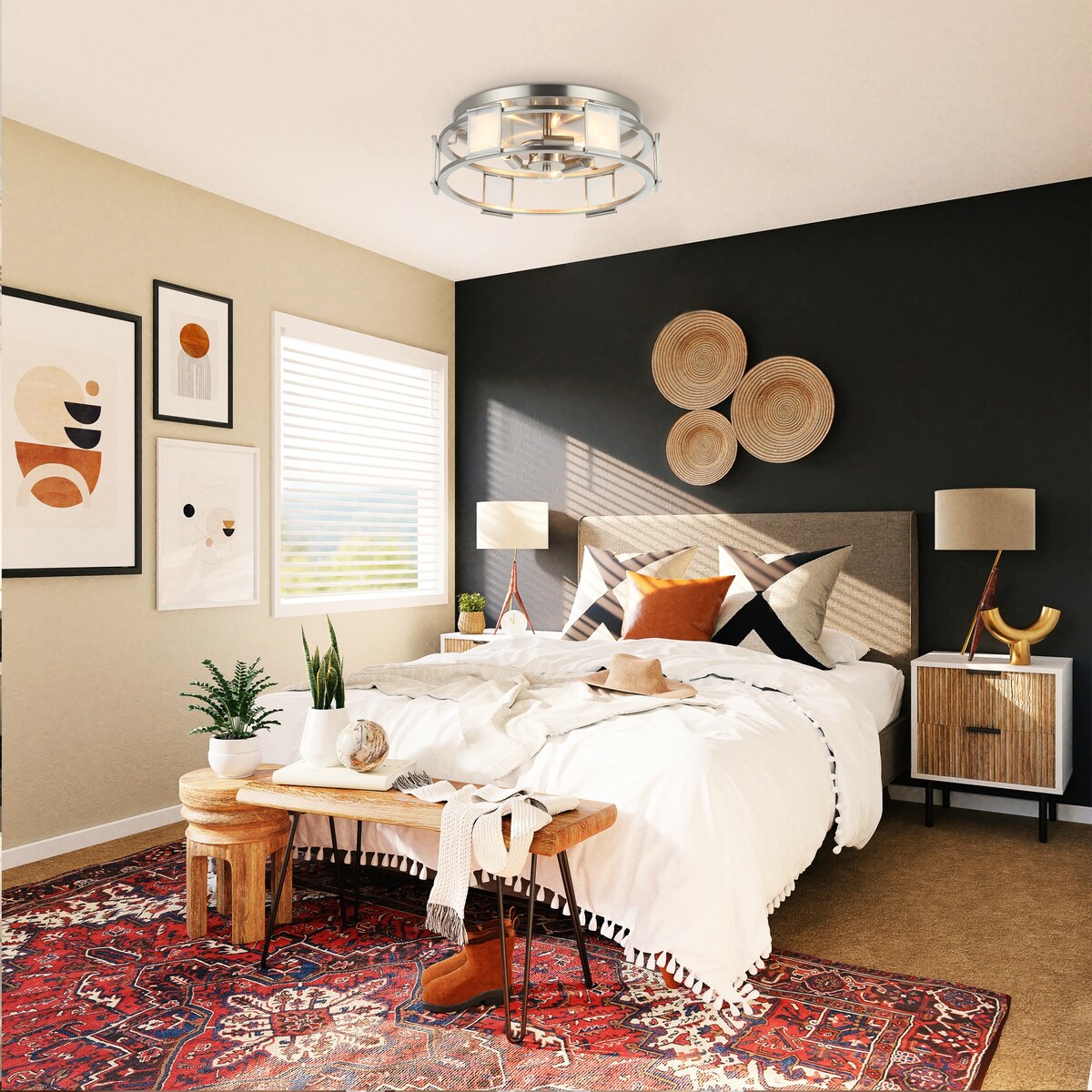 15" Modern Satin Nickel Round Glass Flush Mount Ceiling Light - Satin Nickel
