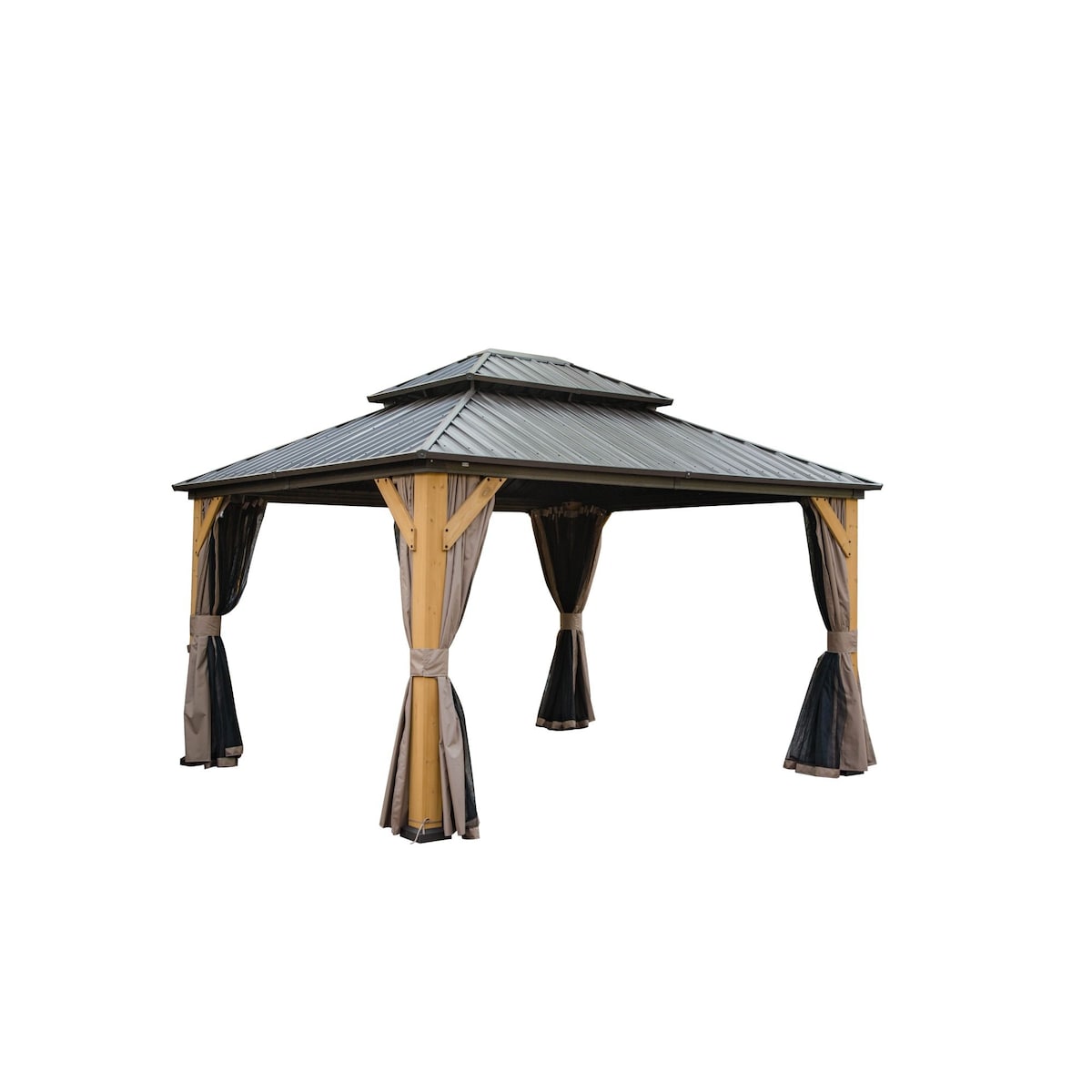 12'x14' Hardtop Gazebo,Outdoor Permanent Metal Pavilion with Curtains and Netting for Patio, Backyard and Lawn(Brown)