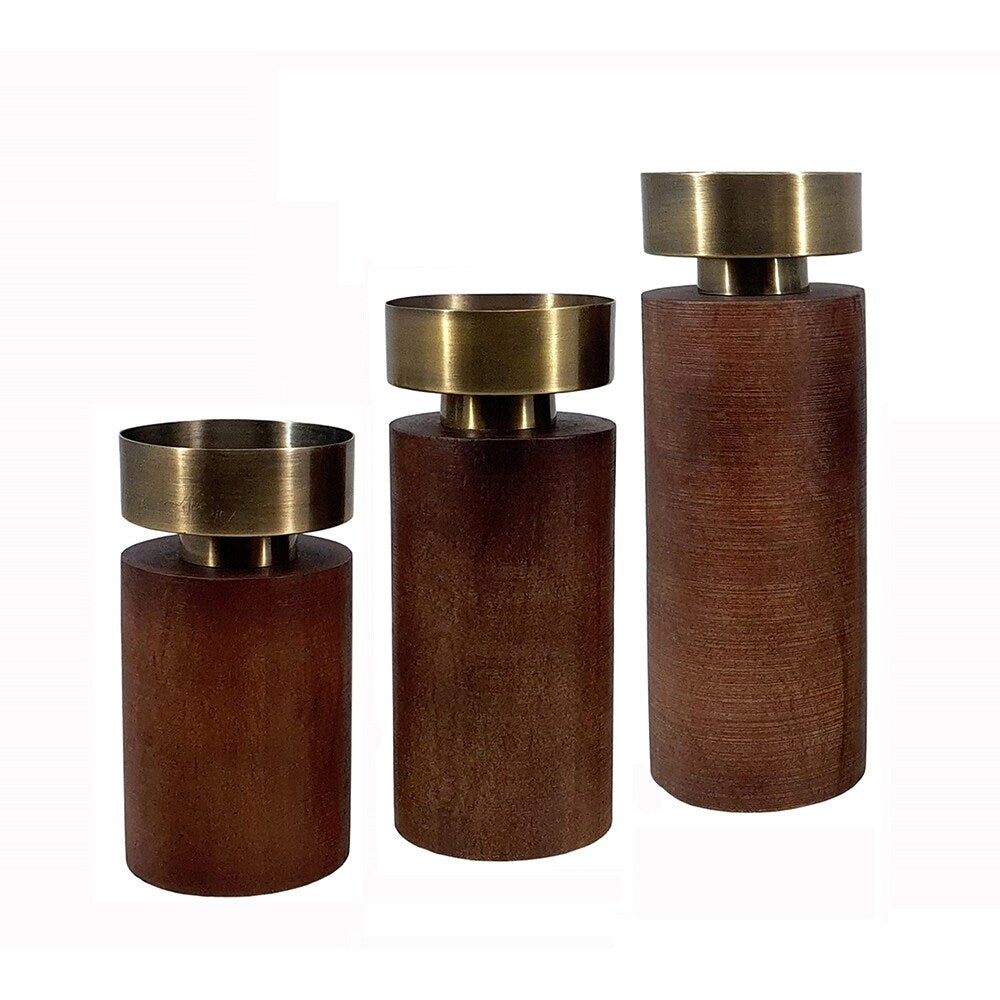 12, 10, 8 Inch Mango Wood Candle Holders with Round Column Pedestals, Brown