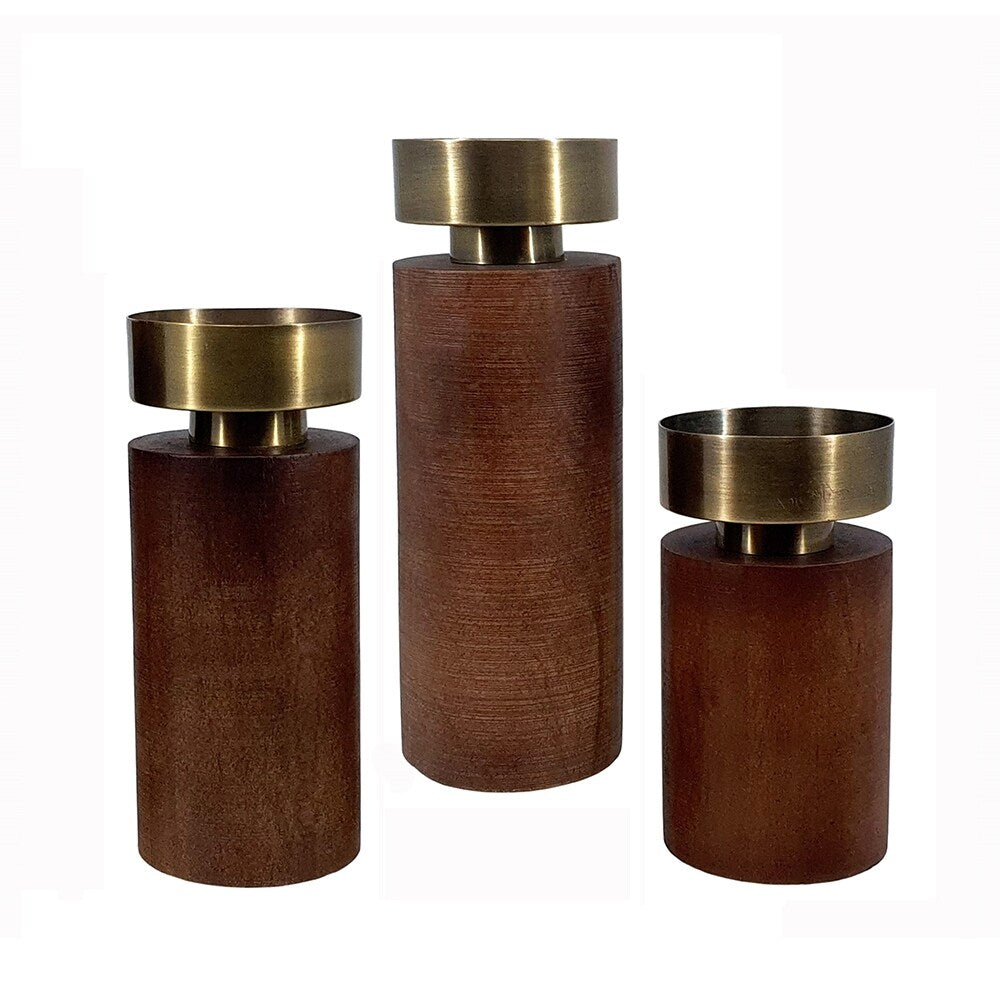 12, 10, 8 Inch Mango Wood Candle Holders with Round Column Pedestals, Brown