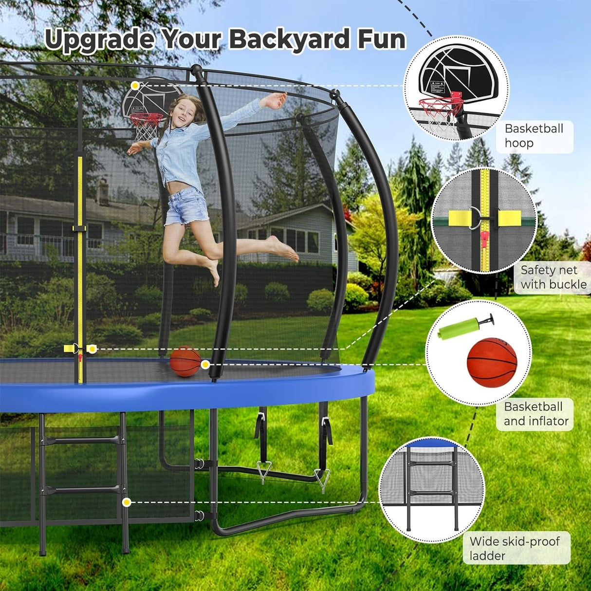 12ft/14ft/15ft/16ft Trampoline for Kids and Adults, Outdoor Trampolines with Curved Poles, Pumpkin Shaped