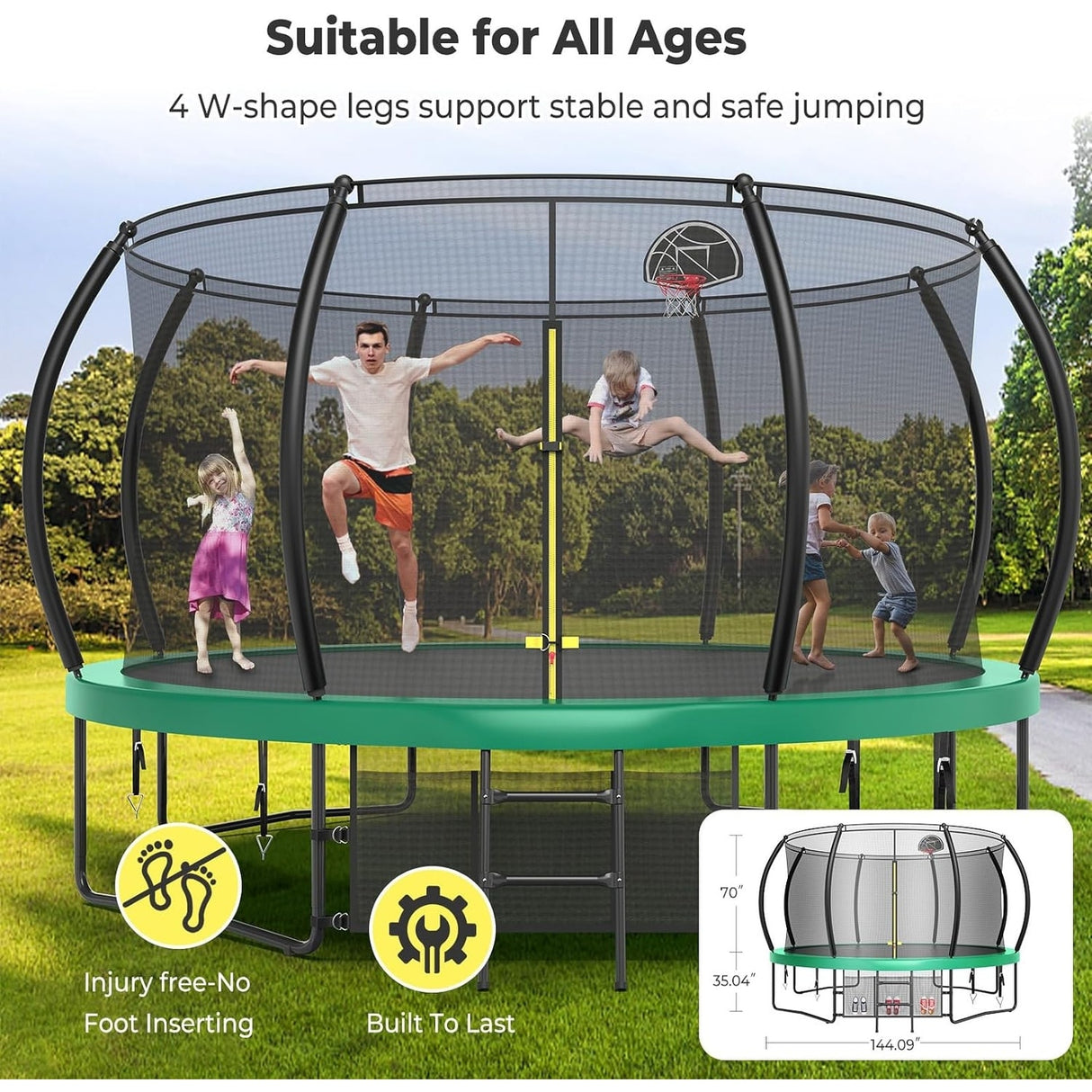 12ft/14ft/15ft/16ft Trampoline for Kids and Adults, Outdoor Trampolines with Curved Poles, Pumpkin Shaped