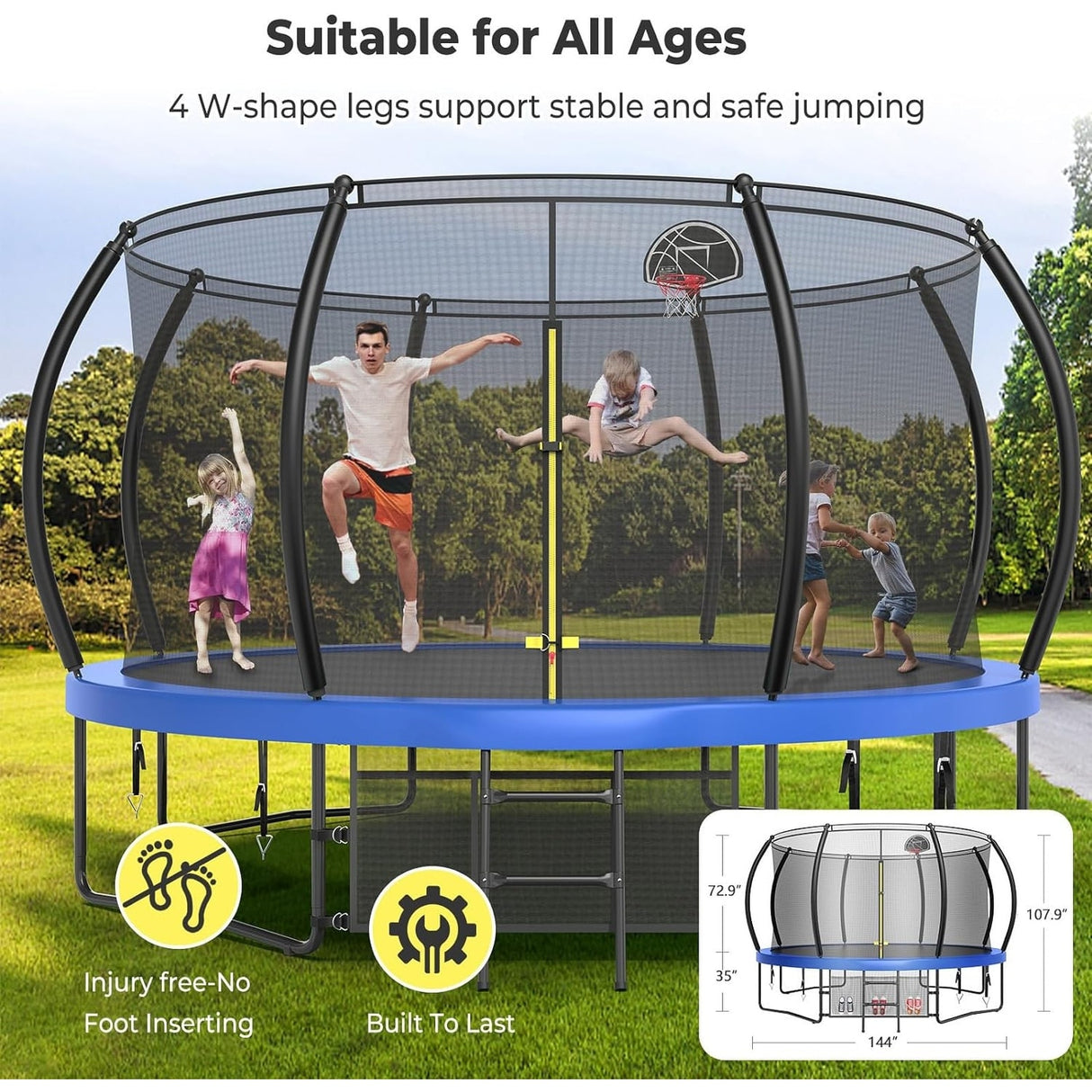 12ft/14ft/15ft/16ft Trampoline for Kids and Adults, Outdoor Trampolines with Curved Poles, Pumpkin Shaped