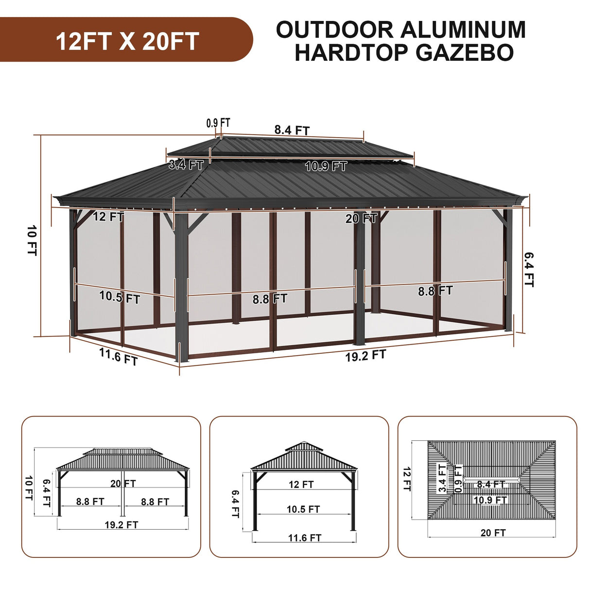 12x20 Ft Aluminum Hardtop Double Roof Gazebo with Nettings