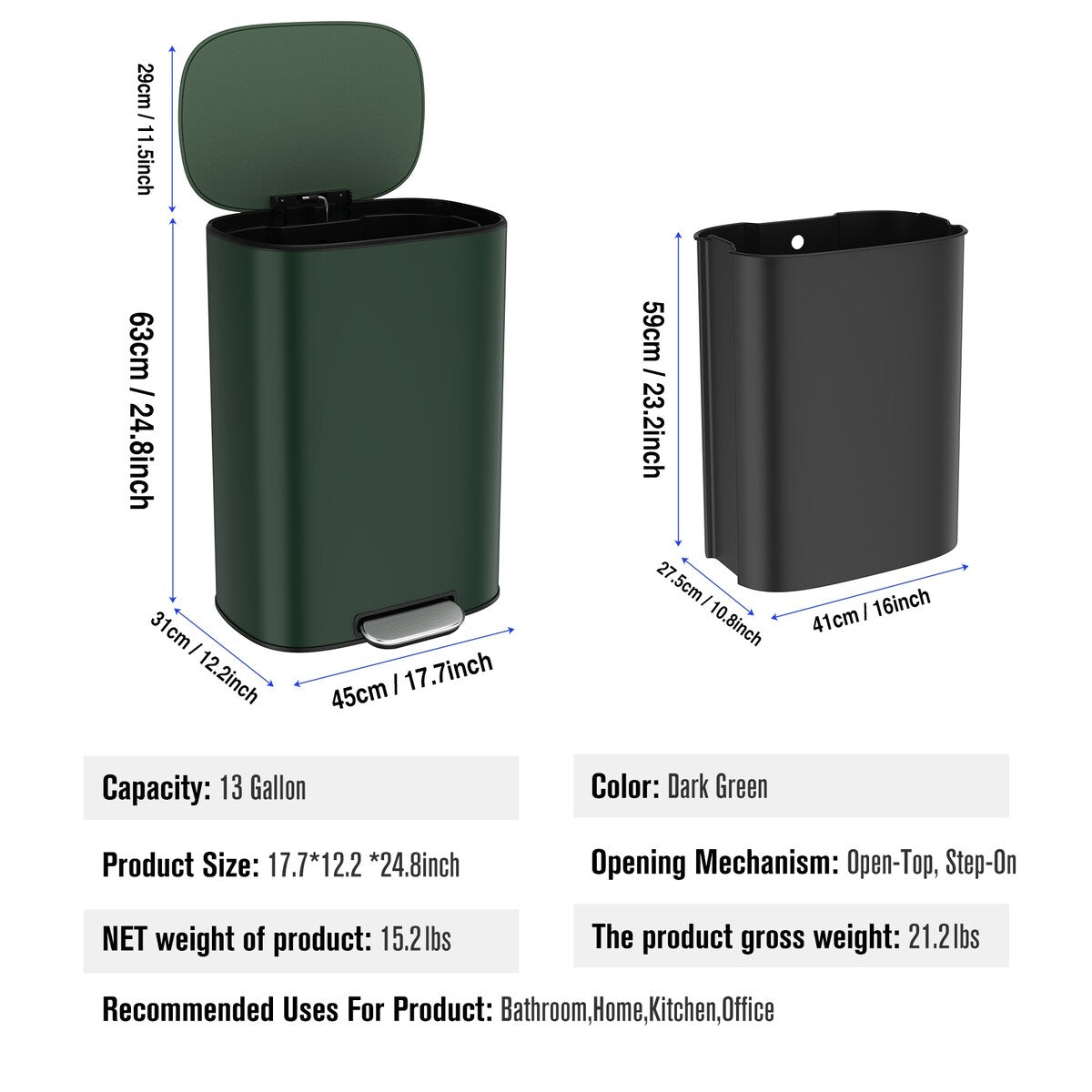 13 Gallon 50L Kitchen Foot Pedal Operated Soft Close Trash Can