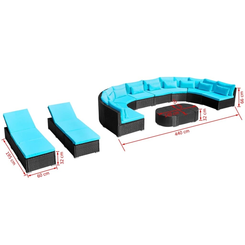 13 Piece Patio Lounge Set with Cushions Poly Rattan Blue