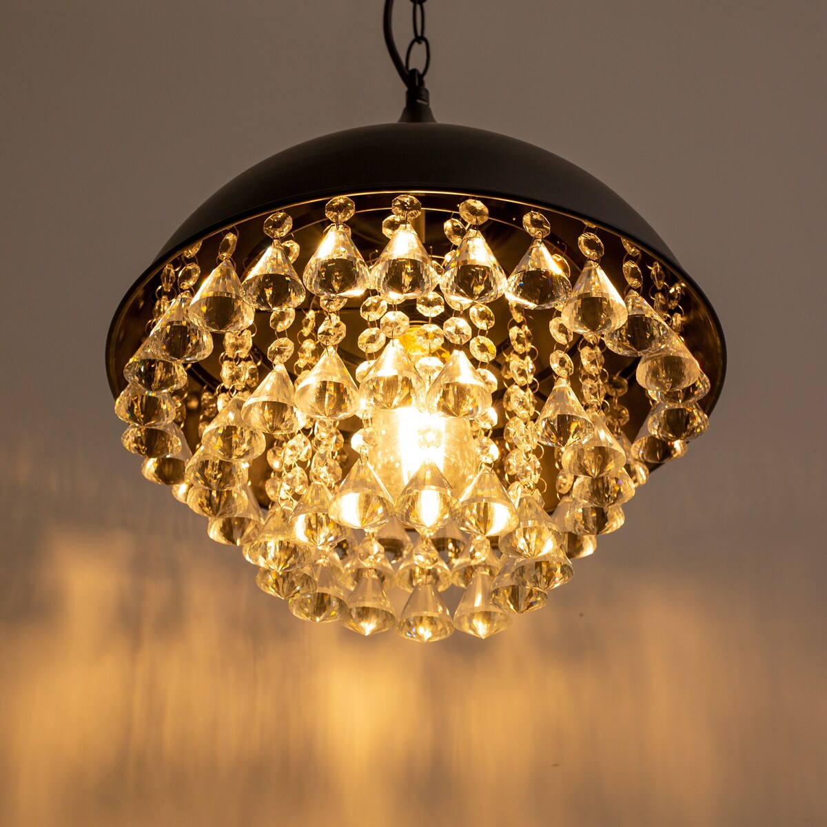 YANSUN 1-Light Crystal Black Metal Dome Industrial Pendant Light Modern Rustic Chandelier for Kitchen Foyer Hallway - 13 in