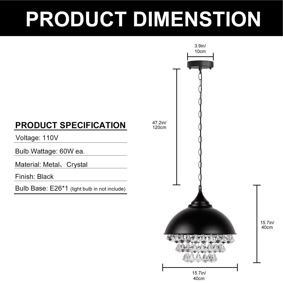 YANSUN 1-Light Crystal Black Metal Dome Industrial Pendant Light Modern Rustic Chandelier for Kitchen Foyer Hallway - 13 in