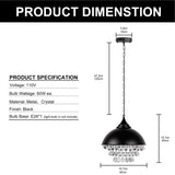 YANSUN 1-Light Crystal Black Metal Dome Industrial Pendant Light Modern Rustic Chandelier for Kitchen Foyer Hallway - 13 in